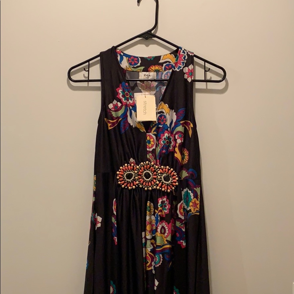 ECI New York Black and Floral Stretch Midi Dress
